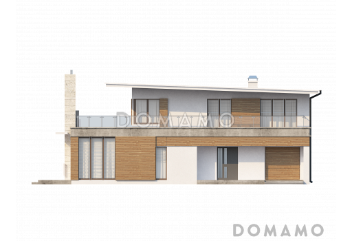 Проект современного двухэтажного дома из кирпича с плоской крышей,  с четырьмя спальнями, просторным кабинетом и гаражом / Фасад 1