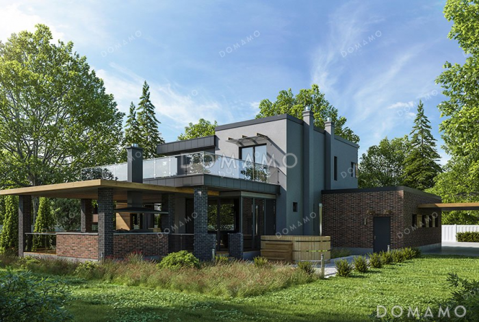 Проект двухэтажного дома с открытой террасой и гаражом на два автомобиля Проект двухэтажного дома с открытой террасой и гаражом на два автомобиля