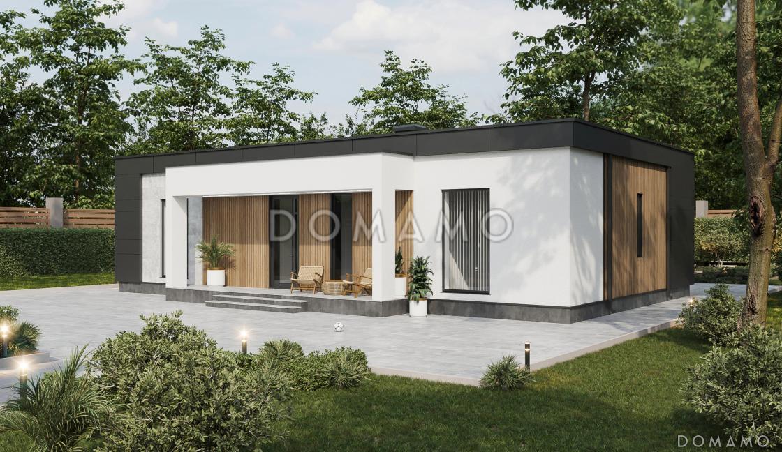 Проект одноэтажного газобетонного дома в стиле хай-тек с двумя спальнями, кабинетом и крытой террасой / 3