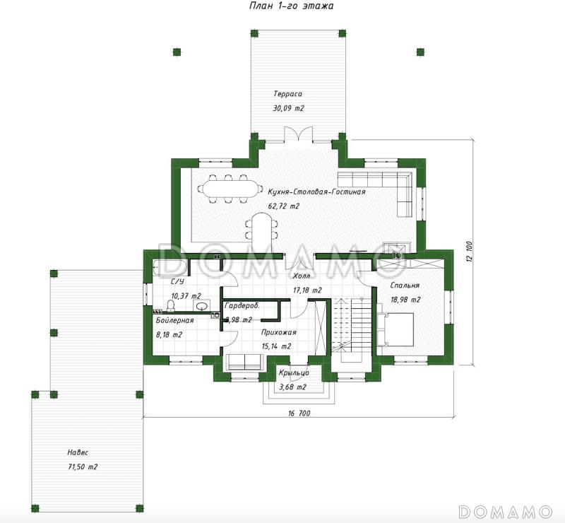 Проект двухэтажного дома из газобетона с пристроенным навесом, верандой и камином / План 1 этажа Проект двухэтажного дома из газобетона с пристроенным навесом, верандой и камином / План 1 этажа