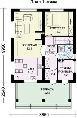 Проект двухэтажного дома из газобетона до 150 кв.м / План 1 этажа Проект двухэтажного дома из газобетона до 150 кв.м / План 1 этажа