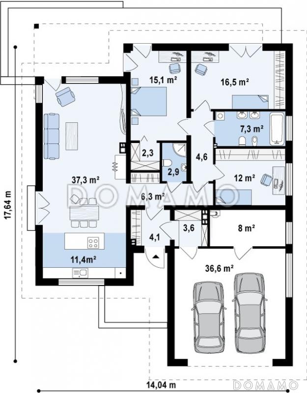 Проект современного одноэтажного дома из газобетона с тремя спальнями и большим фронтальным гаражом / План 1 этажа