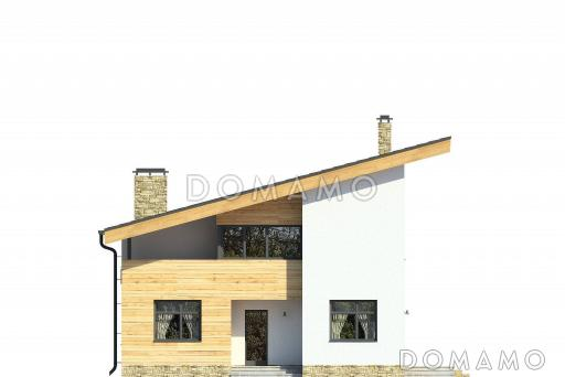 Проект дома с косой крышей, спальнями на первом этаже, верандой, террасой, сауной на мансардном этаже, вторым светом, балконом / Фасад 2