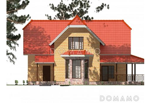 Проект полутораэтажного коттеджа с яркой облицовкой и открытой террасой из СИП панелей / Фасад 4