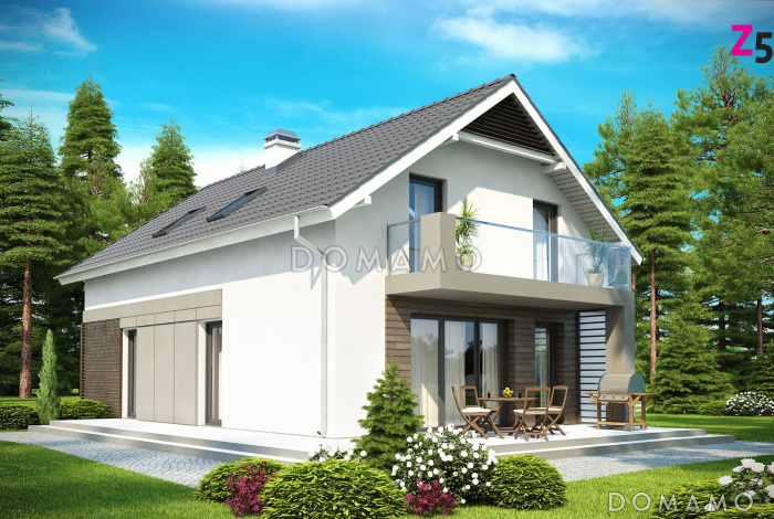 Проект одноэтажного мансардного дома из кирпича с балконом и с фронтальным пристроенным гаражом