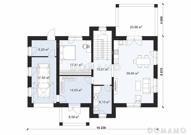 Проект двухэтажного дома с четырьмя спальнями и гаражом на одну машину S-204 / План 1 этажа