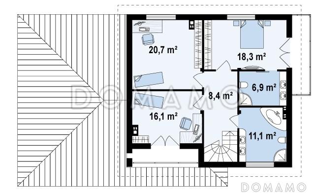 Проект двухэтажного дома из кирпича с эркером и балконом над ним, с тремя спальнями, кабинетом и двухместным гаражом / План 2 этажа