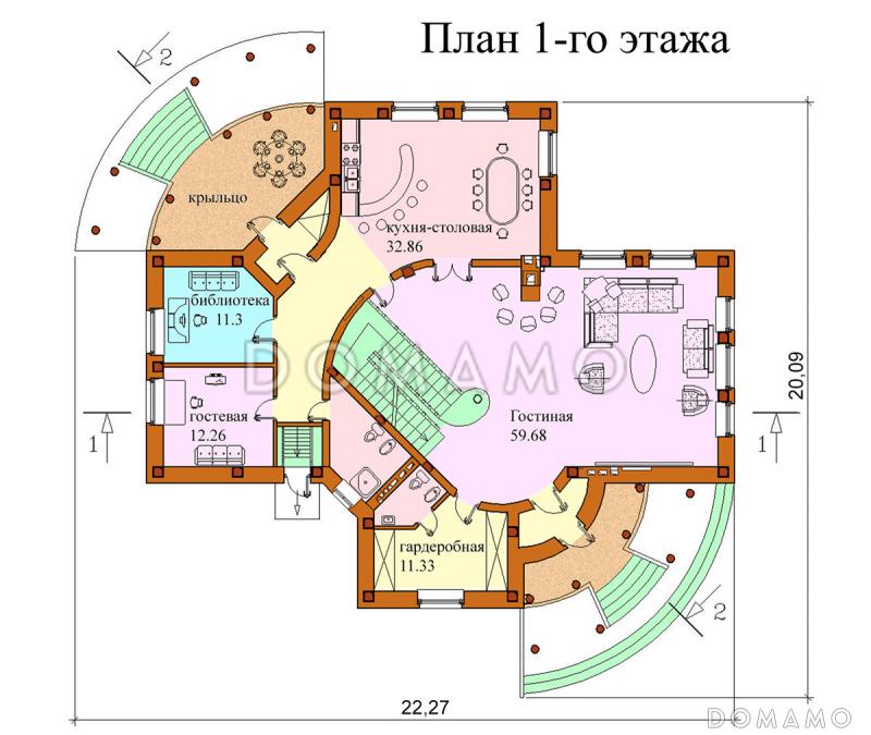 Проект двухэтажного дома с бильярдной и тренажерным залом на цокольном этаже / План 1 этажа