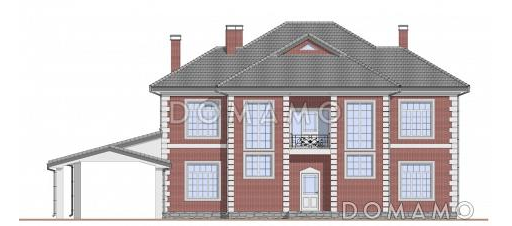 Проект двухэтажного дома из газобетона с пристроенным навесом, верандой и камином / Фасад 3 Проект двухэтажного дома из газобетона с пристроенным навесом, верандой и камином / Фасад 3