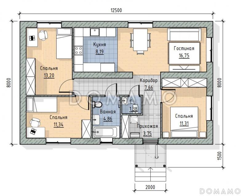 Проект одноэтажного дома в современном стиле / План 1 этажа