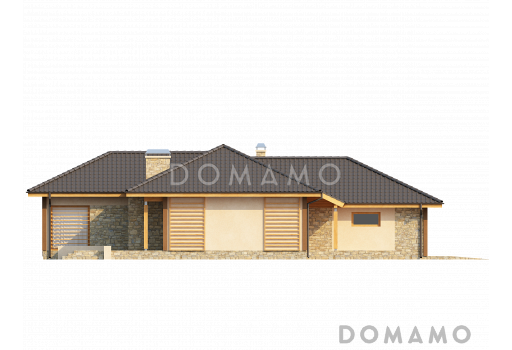 Проект просторного одноэтажного дома из кирпича с фронтальным гаражом на два автомобиля и отделённой зоной сна / Фасад 3