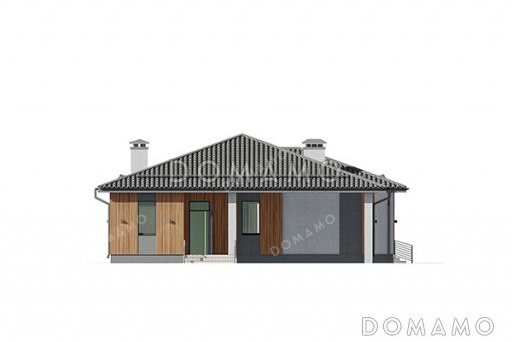 Проект одноэтажного дома с кабинетом, навесом для машины, тремя спальнями и небольшой угловой террасой / Фасад 1