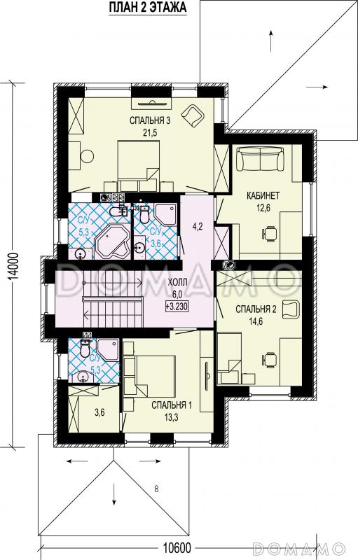 Проект двухэтажного дома с гаражом, террасой, 4 спальнями и кабинетом / План 2 этажа