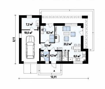 Проект одноэтажного мансардного дома из газобетона с прямоугольным выступом на втором уровне / План цокольного этажа Проект одноэтажного мансардного дома из газобетона с прямоугольным выступом на втором уровне / План цокольного этажа