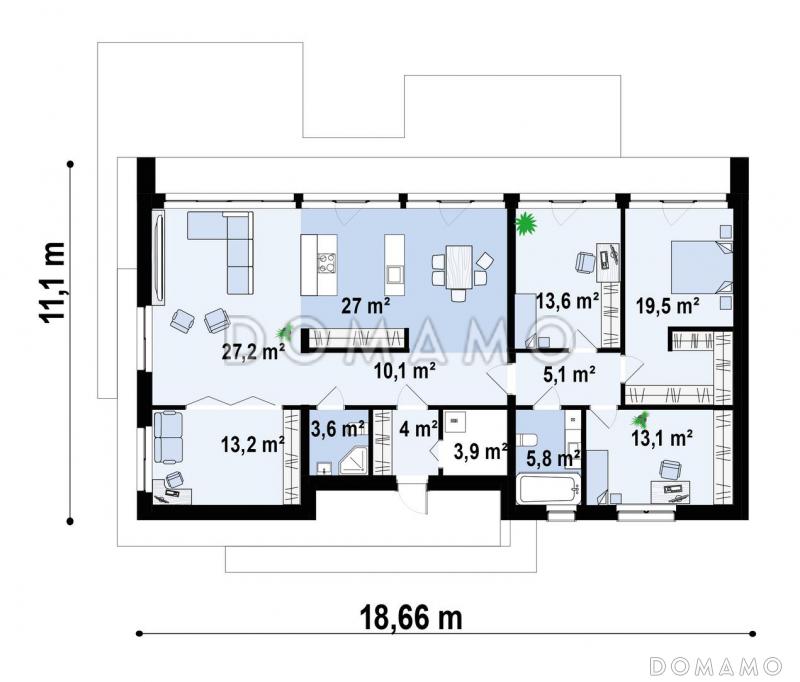 Проект одноэтажного дома простой формы с ванной с окном, кабинетом, просторными гостиной и кухней-столовой / План 1 этажа