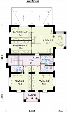 Проект двухэтажного особняка из газобетона с мансардой / План 2 этажа Проект двухэтажного особняка из газобетона с мансардой / План 2 этажа