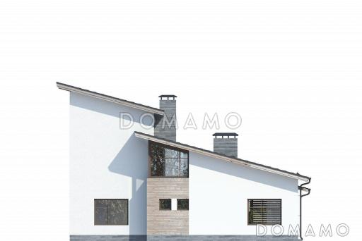 Проект дома с косой крышей, террасой, вытянутой прямоугольной кухней, просторной совмещенной гостиной столовой, спальней на первом этаже, вторым светом, игровой, кабинетом под крышей / Фасад 4