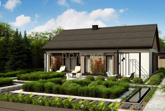 Проект одноэтажного дома с мастер-спальней, просторной гостиной, террасой