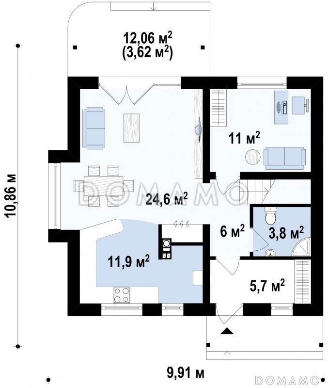 Проект мансардного дома из кирпича с кабинетом, тремя спальнями и балконом / План 1 этажа
