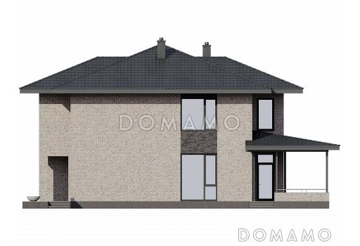 Проект двухэтажного газобетонного дома с большой гардеробной, пятью комнатами и пристроенной террасой / Фасад 4