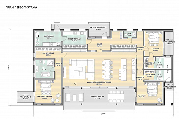Проект кирпичного одноэтажного дома в стиле барнхаус с панорамными окнами и террасой / План 1 этажа