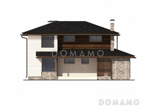 Проект дома с летней кухней на крытой террасе, спальней на первом этаже, просторной столовой-гостиной, хозблоком, французским балконом в кабинете и спальне на втором этаже / Фасад 4