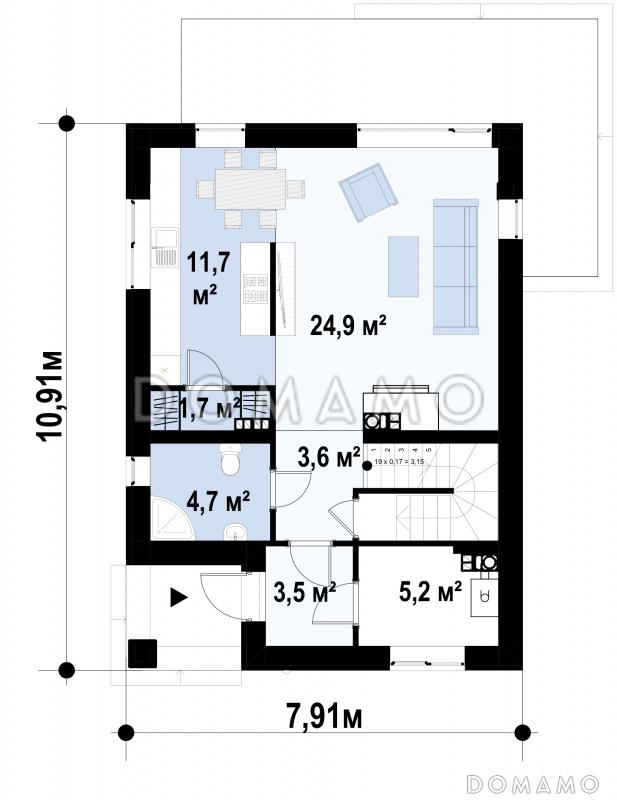 Проект двухэтажного загородного дома с подвалом, вытянутой кухней с кладовой, светлыми спальнями на втором этаже / План 1 этажа