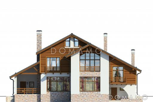 Проект дома с панорамными окнами, просторной гостиной и кухней-столовой, сауной, кабинетом на мансардном этаже, балконом и лоджией / Фасад 4