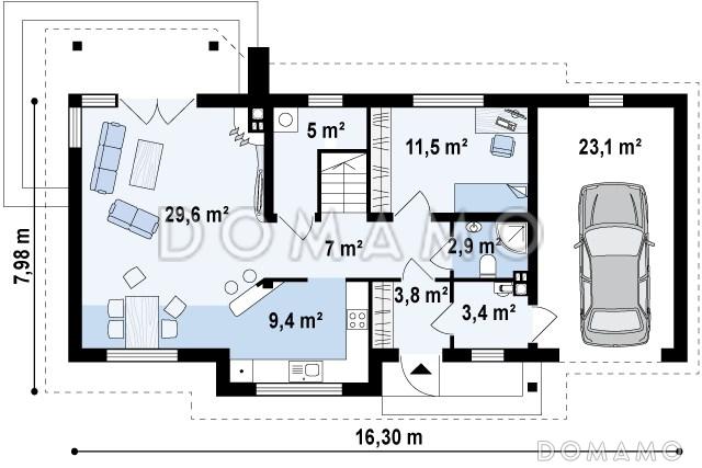 Проект традиционного мансардного дома из кирпича с дополнительной спальней на первом этаже и гаражом / План 1 этажа