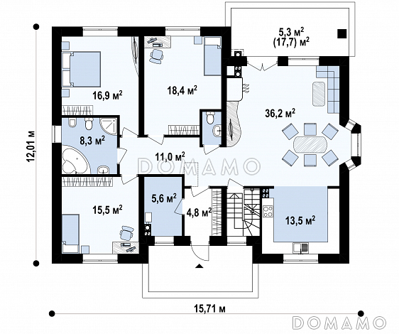 Проект одноэтажного дома с техническими помещениями в подвале, эркером в гостиной, тремя спальнями / План 1 этажа