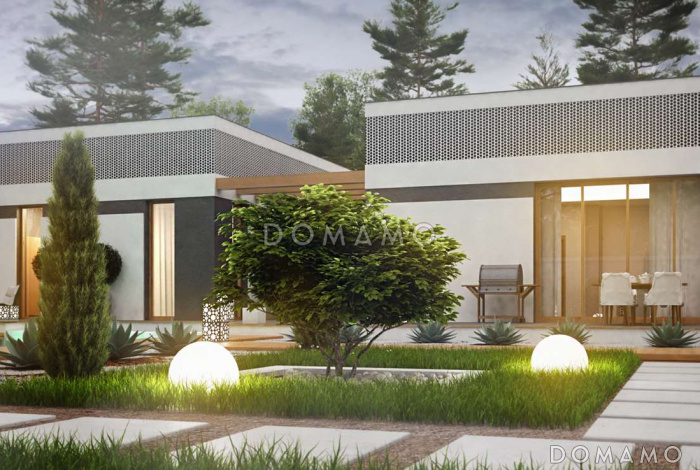 Проект современного одноэтажного дома из кирпича с тремя спальнями, гаражом и внутренним двориком переходящим в открытую террасу Проект современного одноэтажного дома из кирпича с тремя спальнями, гаражом и внутренним двориком переходящим в открытую террасу