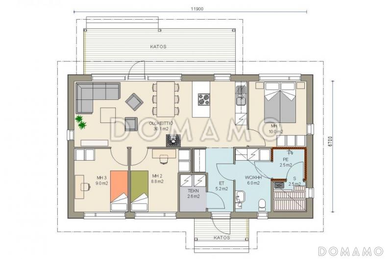Проект одноэтажного каркасного дома с односкатной крышей / План 1 этажа Проект одноэтажного каркасного дома с односкатной крышей / План 1 этажа