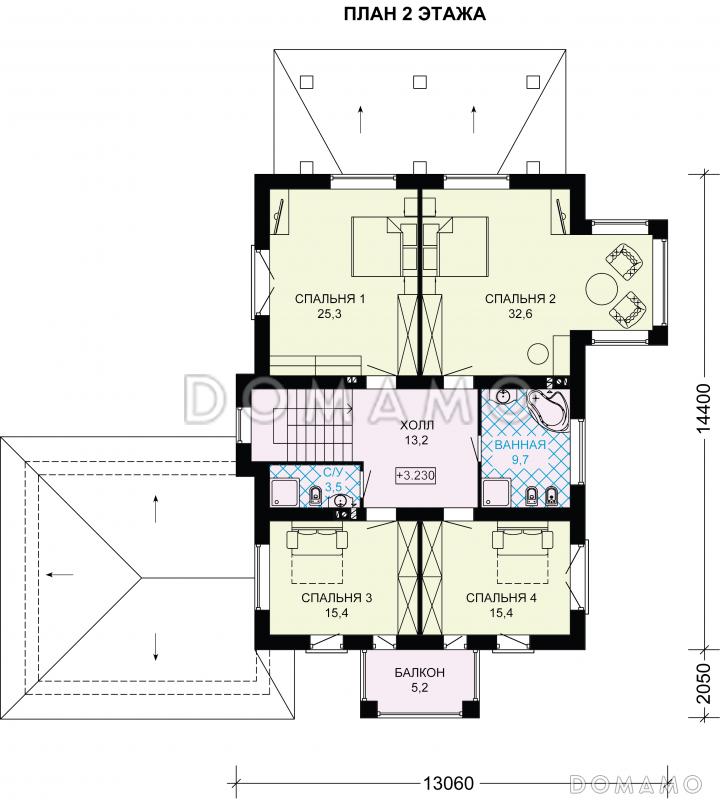 Проект двухэтажного дома с вместительным гаражом для двух авто / План 2 этажа