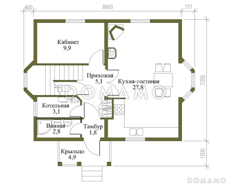 Проект экономичного дома из бруса / План 1 этажа