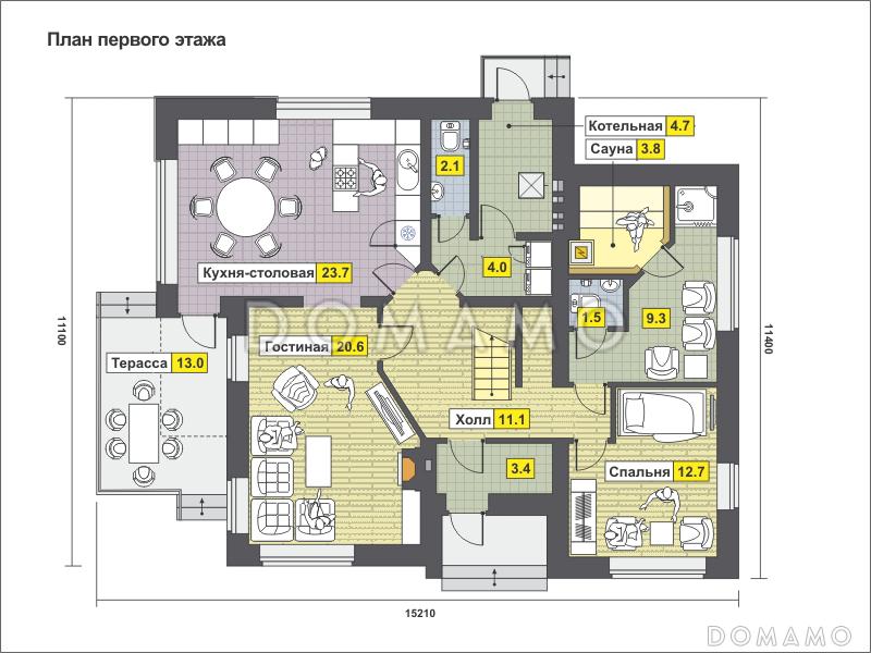 Загородный дом из СИП панелей с кухней-столовой, сауной, спальней на первом этаже, террасой / План 1 этажа