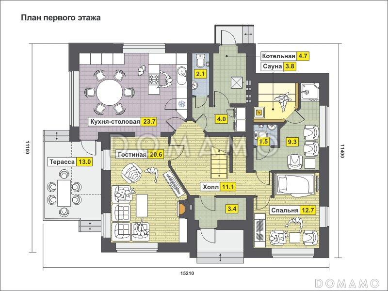 Загородный дом из СИП панелей с кухней-столовой, сауной, спальней на первом этаже, террасой / План 1 этажа