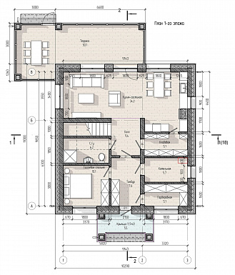 Проект двухэтажного дома с верандой, 4 спальнями, кухней-гостиной и местами для хранения / План 1 этажа Проект двухэтажного дома с верандой, 4 спальнями, кухней-гостиной и местами для хранения / План 1 этажа