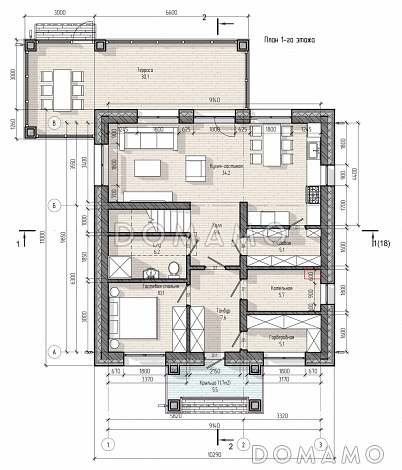Проект двухэтажного дома с верандой, 4 спальнями, кухней-гостиной и местами для хранения / План 1 этажа Проект двухэтажного дома с верандой, 4 спальнями, кухней-гостиной и местами для хранения / План 1 этажа