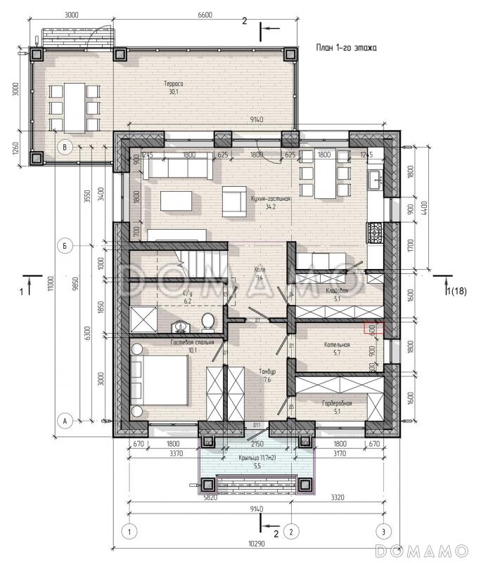 Проект двухэтажного дома с верандой, 4 спальнями, кухней-гостиной и местами для хранения / План 1 этажа