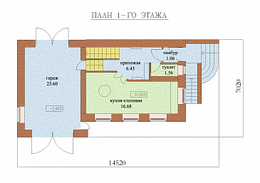 Проект двухэтажного дома с цокольным и мансардным этажами, с сауной и гаражом / План 1 этажа