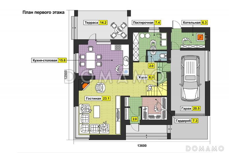 Проект дома с гаражом на одну машину, гостиной с камином, балконом / План 1 этажа