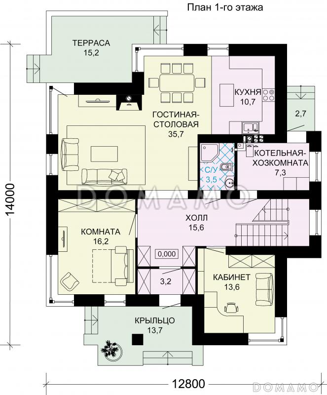 Проект двухэтажного особняка из пенобетона, облицованного кирпичом / План 1 этажа