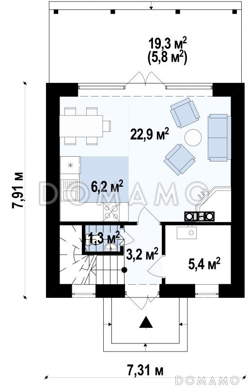 Проект небольшого мансардного дома из газобетона с панорамным остеклением дневной зоны / План 1 этажа