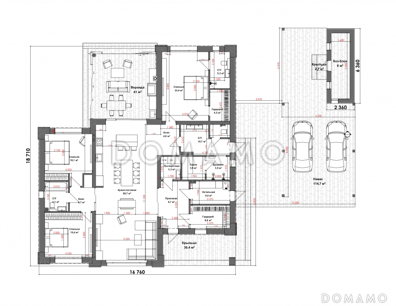 Проект дома из газобетона с верандой, сауной и двухместным автонавесом / План 1 этажа