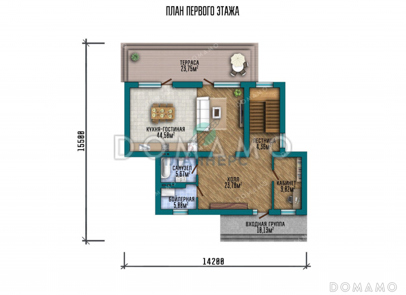 Проект двухэтажного дома с большой террасой и плоской крышей / План 1 этажа