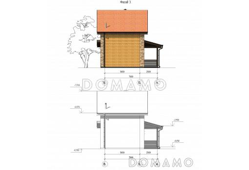 Проект бани с бассейном и двумя комнатами на мансарде / Фасад 3