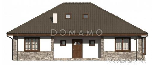 Проект одноэтажного дома из газобетона с мансардой и барбекю на террасе  / Фасад 1