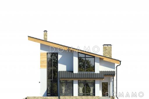 Проект дома с косой крышей, спальнями на первом этаже, верандой, террасой, сауной на мансардном этаже, вторым светом, балконом / Фасад 4