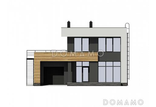 Проект дома с гаражом, террасой, хозяйской спальней, эксплуатируемой кровлей на втором этаже / Фасад 1