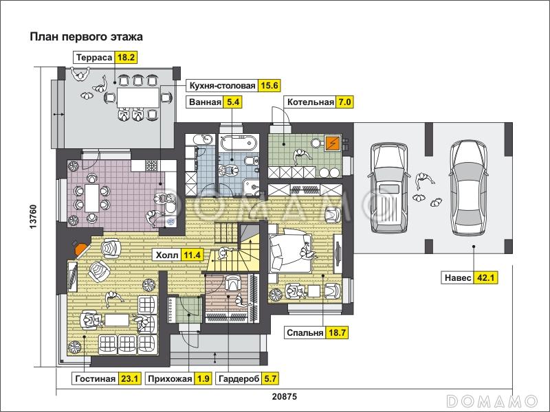 Проект дома с навесом на два автомобиля, гостиной с камином, крытой террасой / План 1 этажа